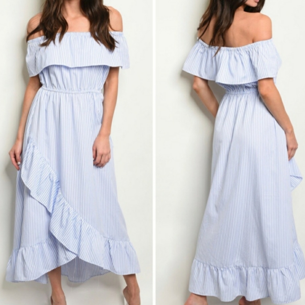 Striped white and blue off shoulder dress
